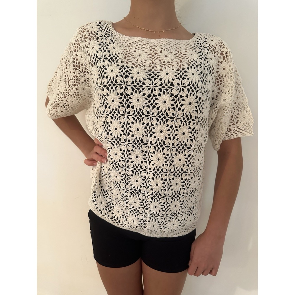 Handmade Top Women's 100% Cotton White Crochet Granny Square Cover Up Size M-L - Picture 12 of 13